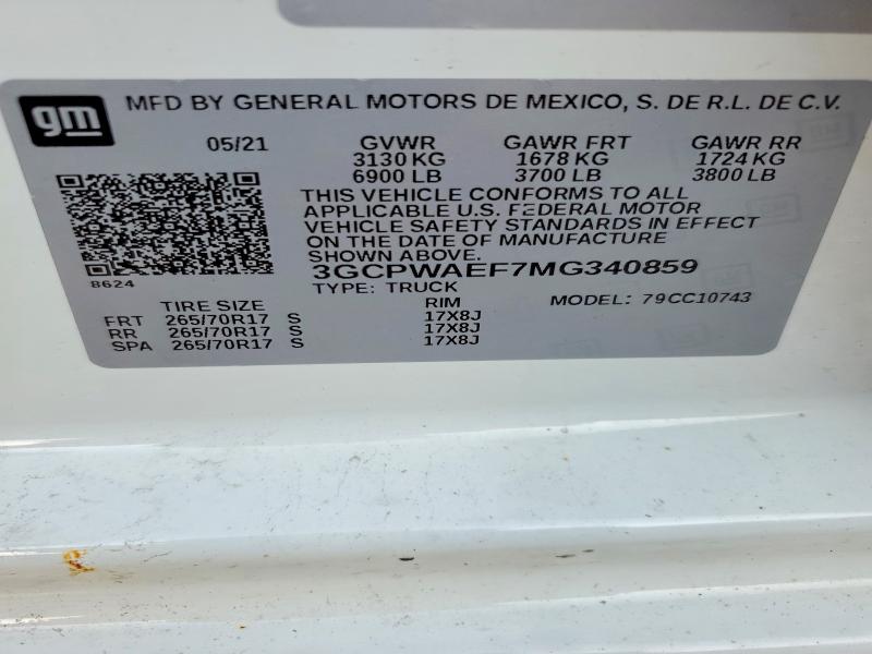 Aukcja sprzedaży 2021 Chevrolet Silverado, vin: 3GCPWAEF7MG340859, numer aukcji: 56243096