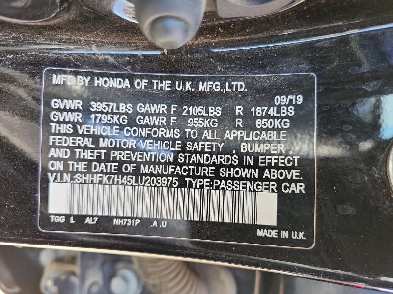 56168236 :رقم المزاد ، SHHFK7H45LU203975 vin ، 2020 Honda Civic مزاد بيع