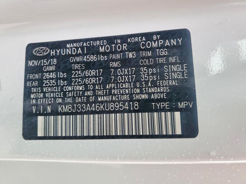 58110856 :رقم المزاد ، KM8J33A46KU895418 vin ، 2019 Hyundai Tucson مزاد بيع