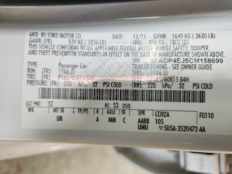 Продаж на аукціоні авто 2012 Ford Fiesta, vin: 3FADP4EJ5CM158699, номер лоту: 58393266