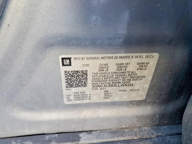 2020 Chevrolet Trax მანქანა იყიდება აუქციონზე, vin: 3GNCJLSB2LL296115, აუქციონის ნომერი: 57194726
