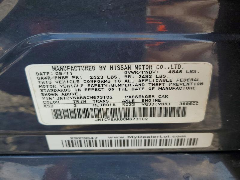 58632996 :رقم المزاد ، JN1CV6AR8CM673102 vin ، 2012 Infiniti G37 مزاد بيع