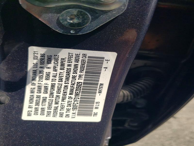 57612446 :رقم المزاد ، 19XFC1F31ME205929 vin ، 2021 Honda Civic مزاد بيع