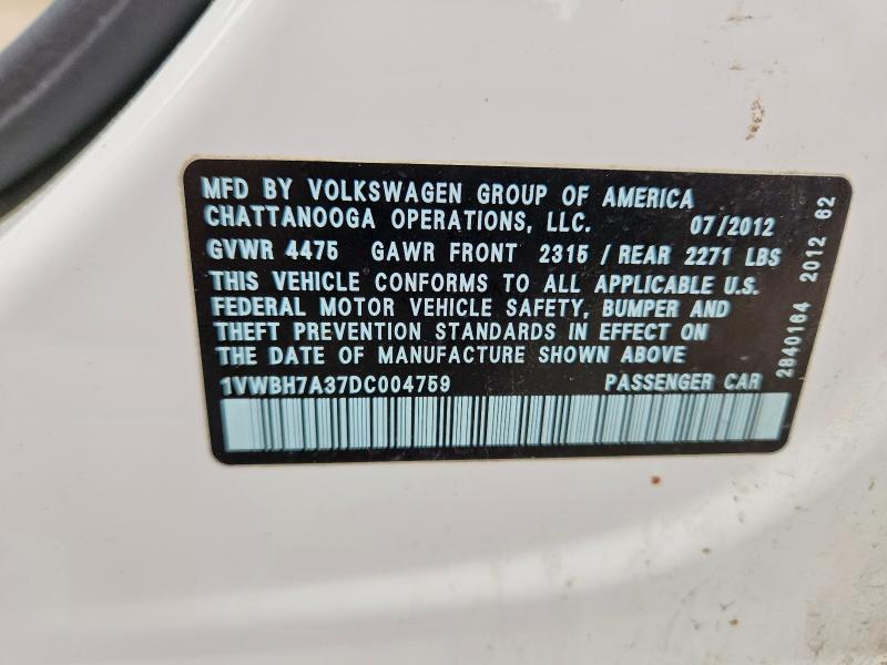 57918296 :رقم المزاد ، 1VWBH7A37DC004759 vin ، 2013 Volkswagen Passat مزاد بيع