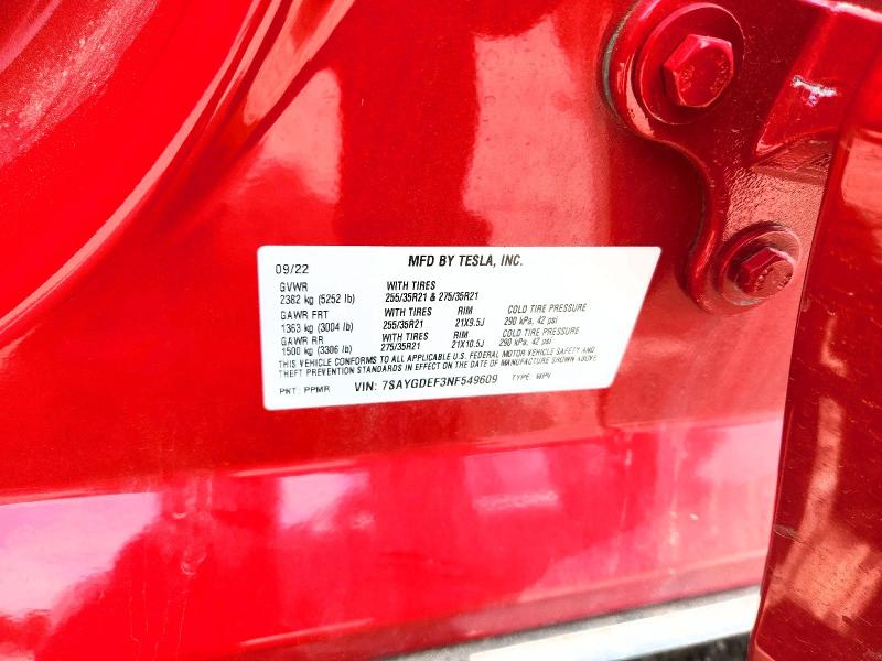 2022 Tesla Model Y მანქანა იყიდება აუქციონზე, vin: 7SAYGDEF3NF549609, აუქციონის ნომერი: 57999286