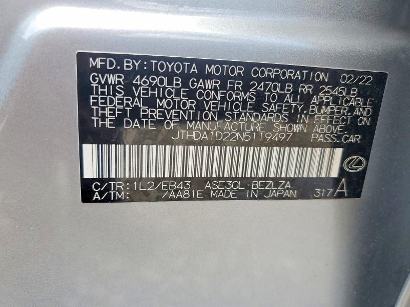 Aukcja sprzedaży 2022 Lexus Is, vin: JTHDA1D22N5119497, numer aukcji: 58138026