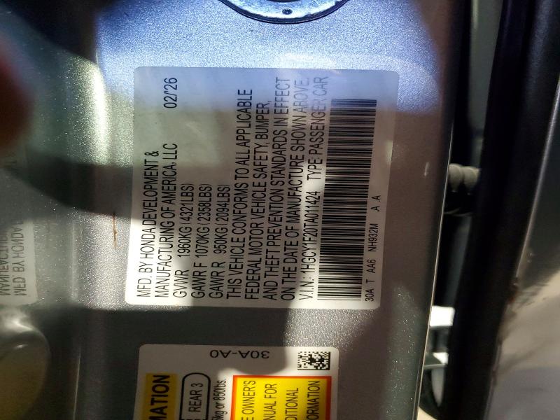 2026 Honda Accord მანქანა იყიდება აუქციონზე, vin: 1HGCY1F20TA011424, აუქციონის ნომერი: 58329436