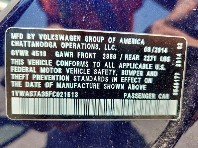 2015 Volkswagen Passat მანქანა იყიდება აუქციონზე, vin: 1VWAS7A35FC021513, აუქციონის ნომერი: 59153466
