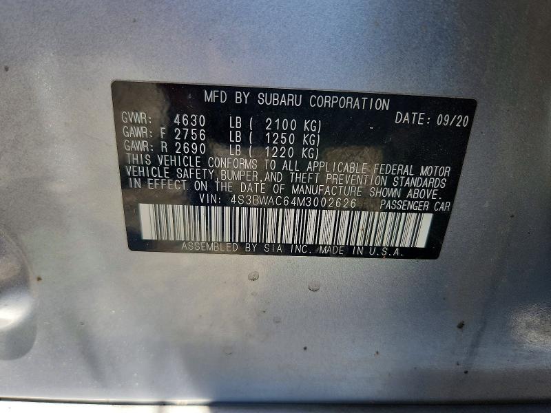57006826 :رقم المزاد ، 4S3BWAC64M3002626 vin ، 2021 Subaru Legacy مزاد بيع