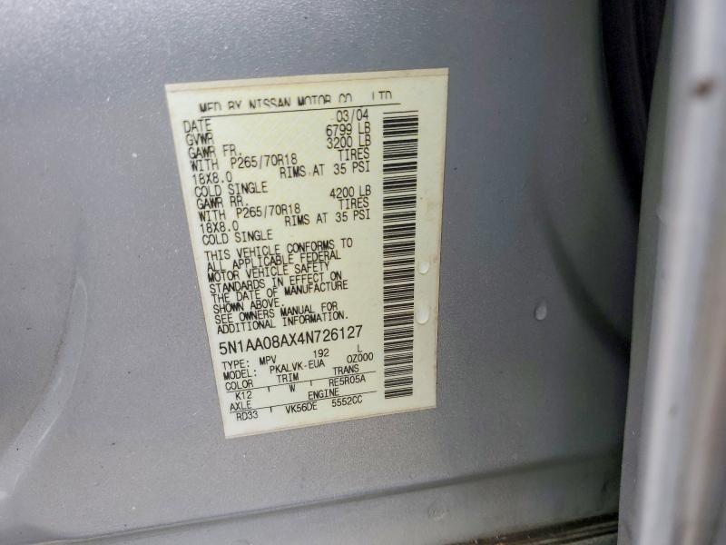 55763106 :رقم المزاد ، 5N1AA08AX4N726127 vin ، 2004 Nissan Armada مزاد بيع