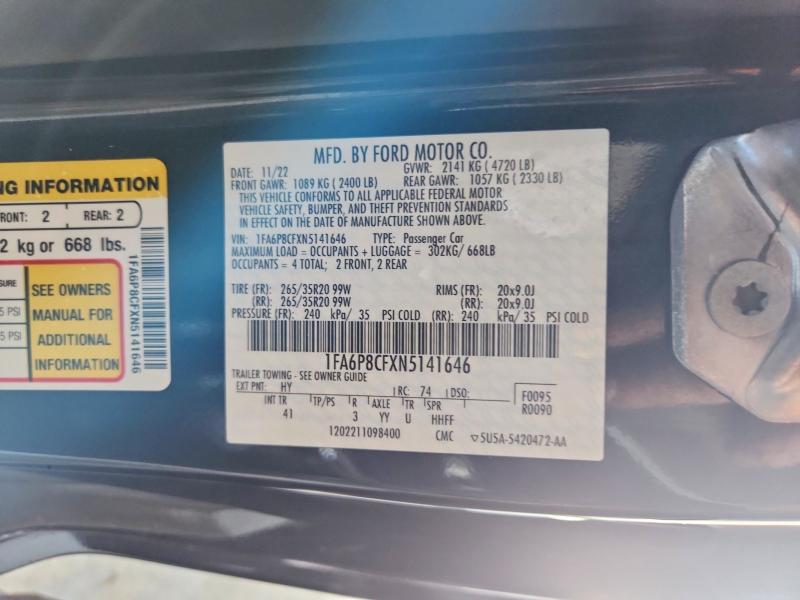 59155306 :رقم المزاد ، 1FA6P8CFXN5141646 vin ، 2022 Ford Mustang مزاد بيع