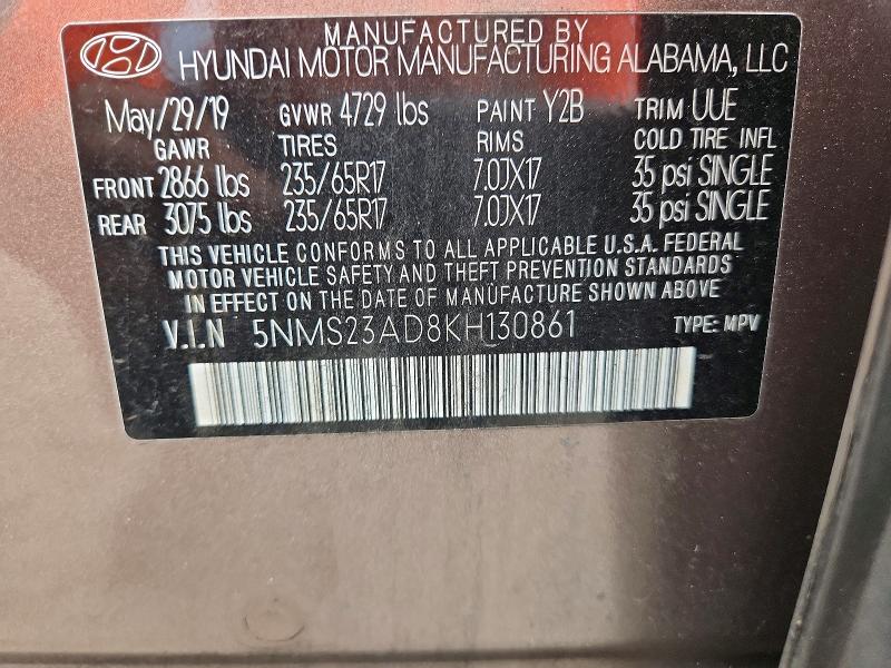 Aukcja sprzedaży 2019 Hyundai Santa Fe, vin: 5NMS23AD8KH130861, numer aukcji: 58628376
