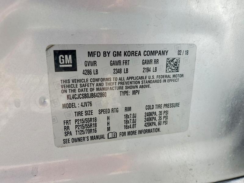 2018 Buick Encore მანქანა იყიდება აუქციონზე, vin: KL4CJCSB0JB642860, აუქციონის ნომერი: 56813026
