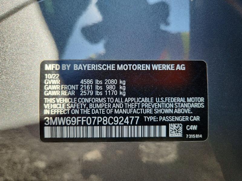 2023 Bmw 330i მანქანა იყიდება აუქციონზე, vin: 3MW69FF07P8C92477, აუქციონის ნომერი: 58134136