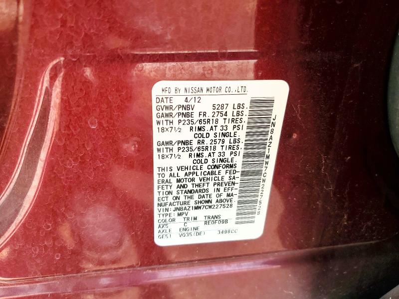 59125246 :رقم المزاد ، JN8AZ1MW7CW227528 vin ، 2012 Nissan Murano مزاد بيع