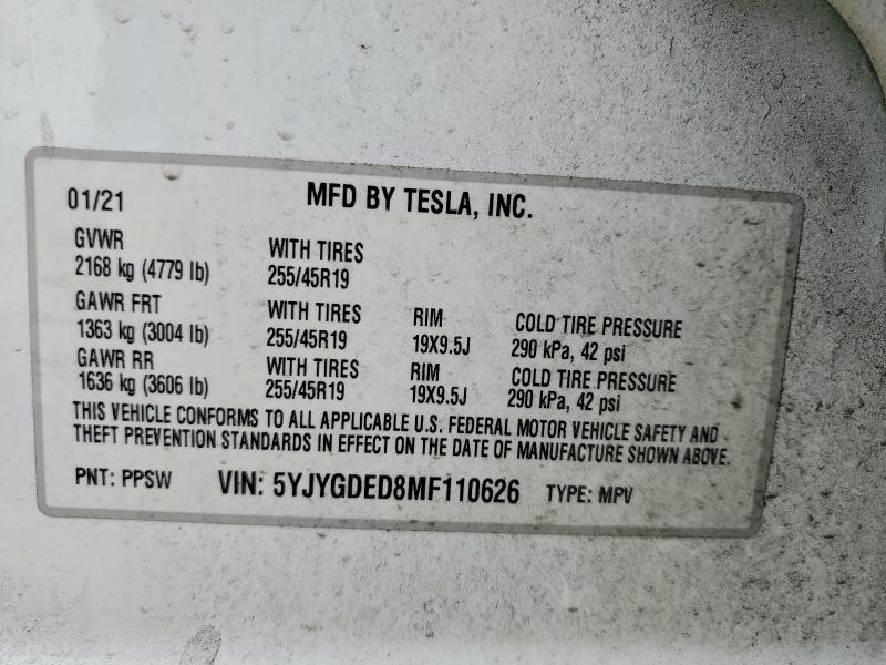 Aukcja sprzedaży 2021 Tesla Model Y, vin: 5YJYGDED8MF110626, numer aukcji: 56455696