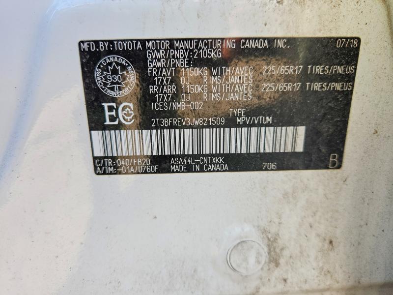 Aukcja sprzedaży 2018 Toyota Rav4, vin: 2T3BFREV3JW821509, numer aukcji: 54829946