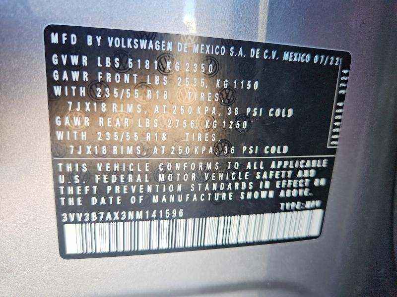 Aukcja sprzedaży 2022 Volkswagen Tiguan, vin: 3VV3B7AX3NM141596, numer aukcji: 55763326