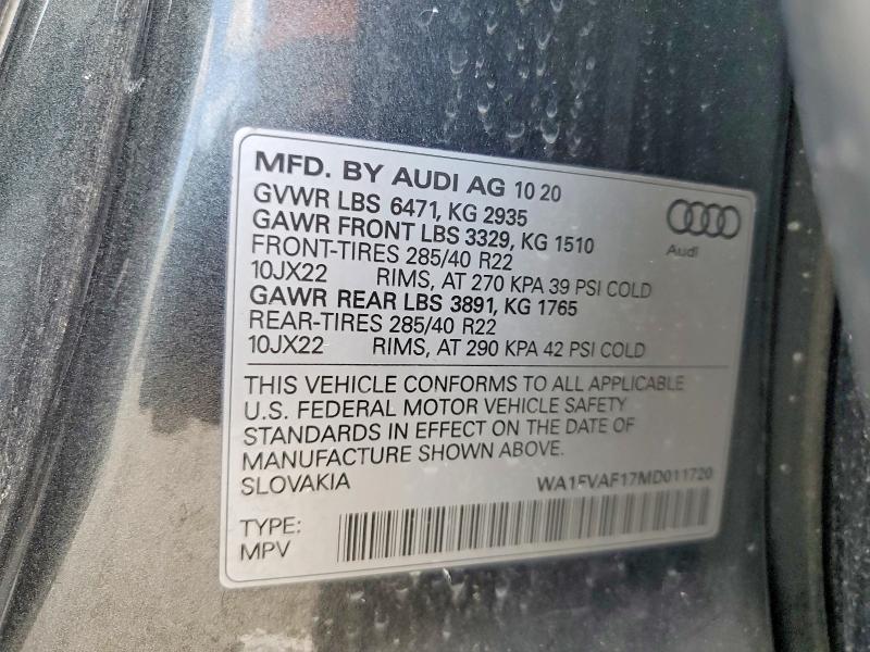 Aukcja sprzedaży 2021 Audi Q8, vin: WA1FVAF17MD011720, numer aukcji: 57169816