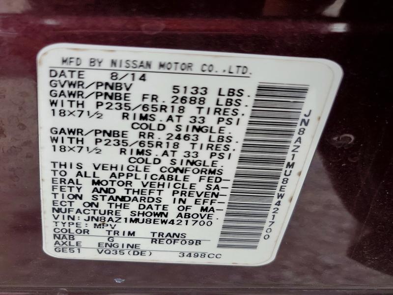 2014 Nissan Murano მანქანა იყიდება აუქციონზე, vin: JN8AZ1MU8EW421700, აუქციონის ნომერი: 58768726