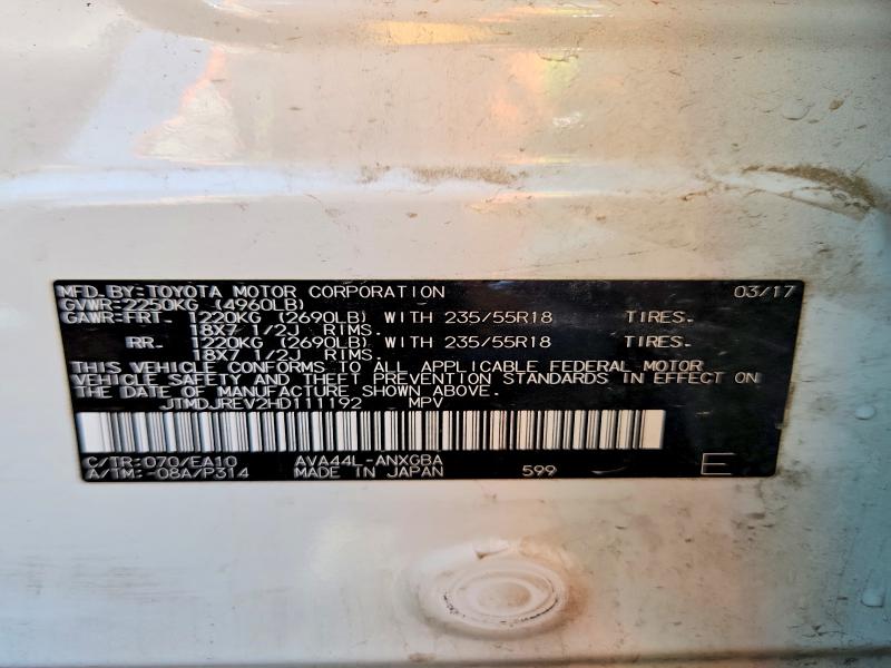 Aukcja sprzedaży 2017 Toyota Rav4 Hv, vin: JTMDJREV2HD111192, numer aukcji: 56459596