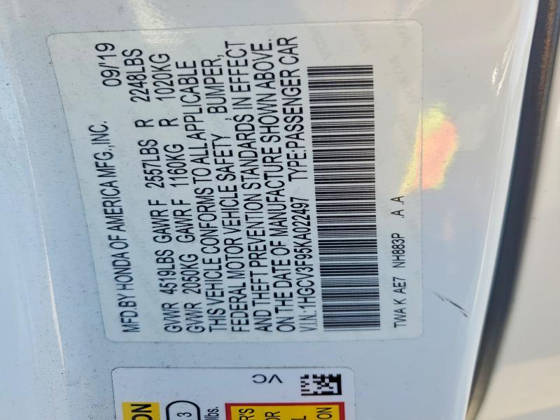 2019 Honda Accord მანქანა იყიდება აუქციონზე, vin: 1HGCV3F95KA022497, აუქციონის ნომერი: 55714736
