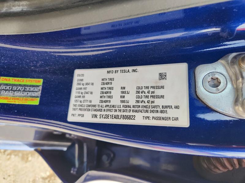 2020 Tesla Model 3 მანქანა იყიდება აუქციონზე, vin: 5YJ3E1EA0LF806822, აუქციონის ნომერი: 56519286