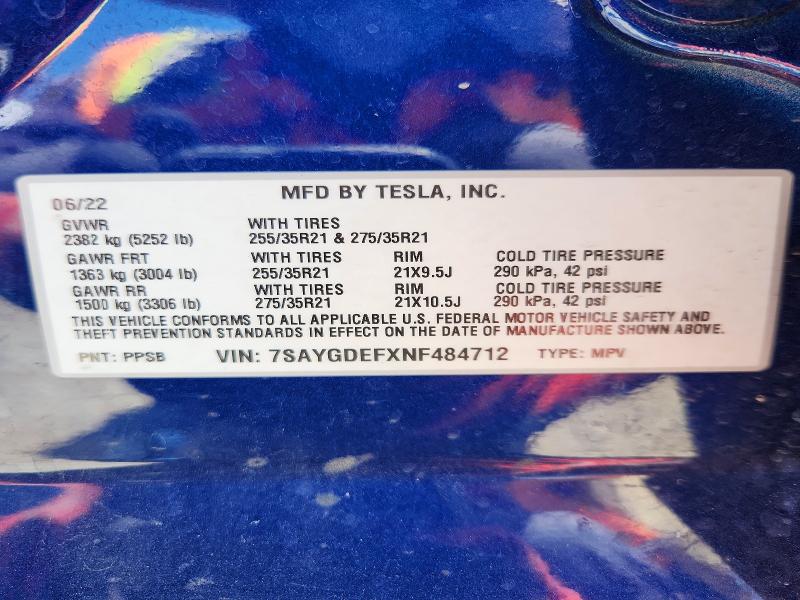 58655636 :رقم المزاد ، 7SAYGDEFXNF484712 vin ، 2022 Tesla Model Y مزاد بيع