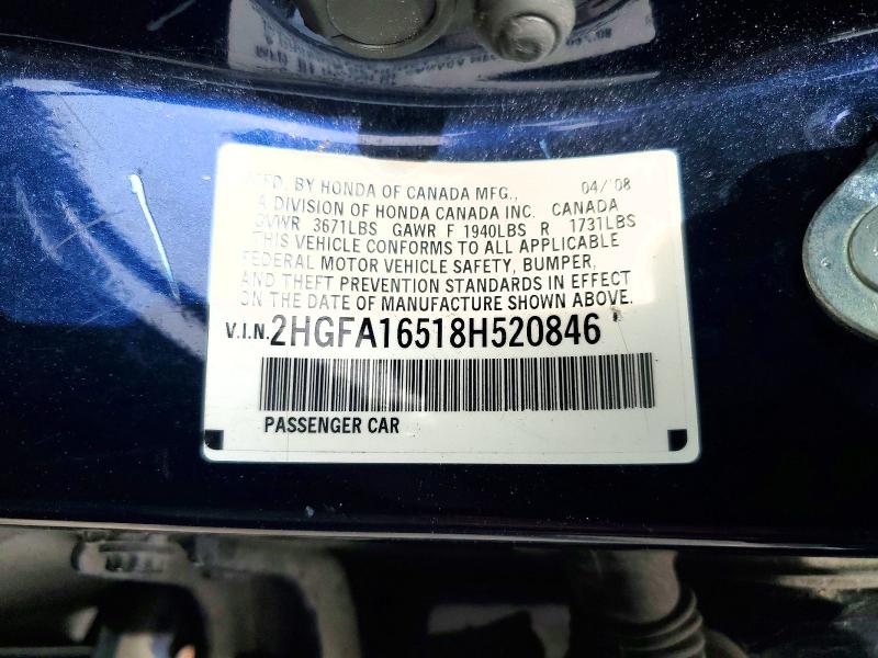 54776976 :رقم المزاد ، 2HGFA16518H520846 vin ، 2008 Honda Civic مزاد بيع