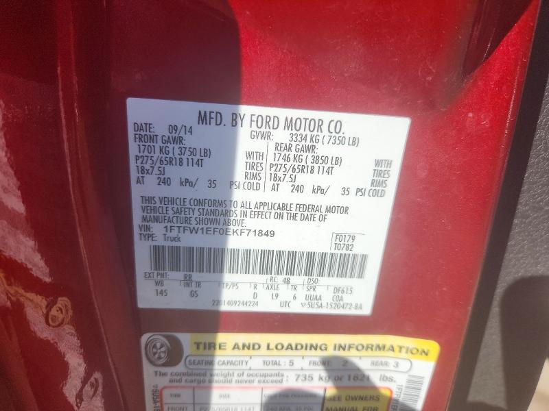 2014 Ford F150 მანქანა იყიდება აუქციონზე, vin: 1FTFW1EF0EKF71849, აუქციონის ნომერი: 59094366