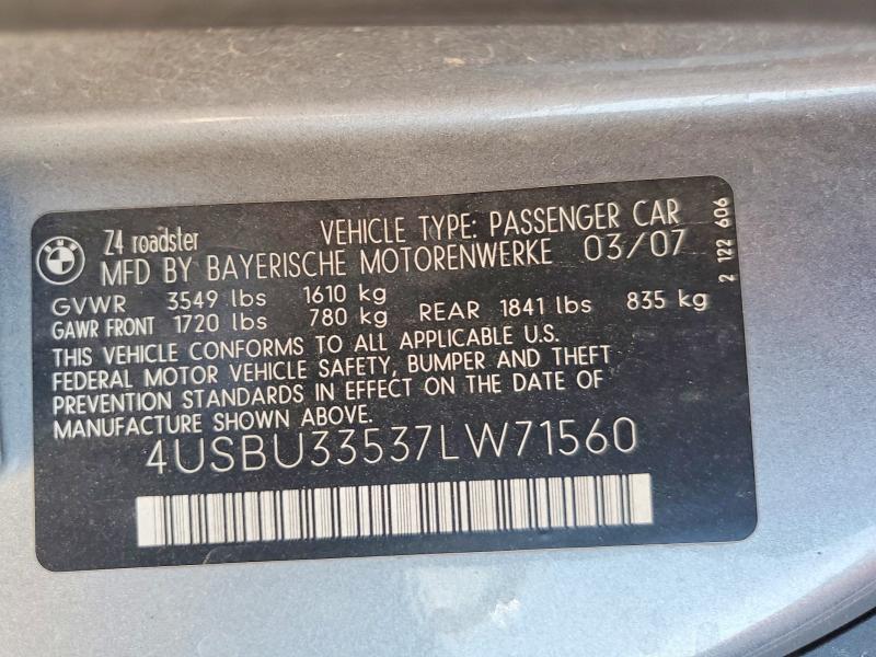 56525736 :رقم المزاد ، 4USBU33537LW71560 vin ، 2007 Bmw Z4 مزاد بيع