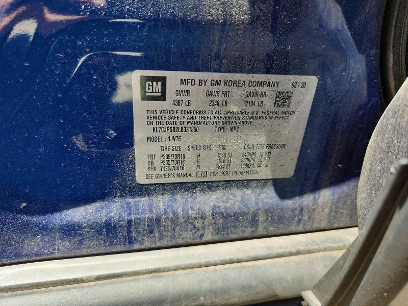 2020 Chevrolet Trax მანქანა იყიდება აუქციონზე, vin: KL7CJPSB2LB331850, აუქციონის ნომერი: 57522936