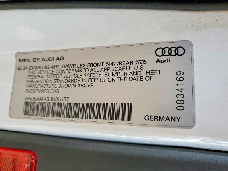 56499276 :رقم المزاد ، WAUEAAF43RN011137 vin ، 2024 Audi A4 مزاد بيع