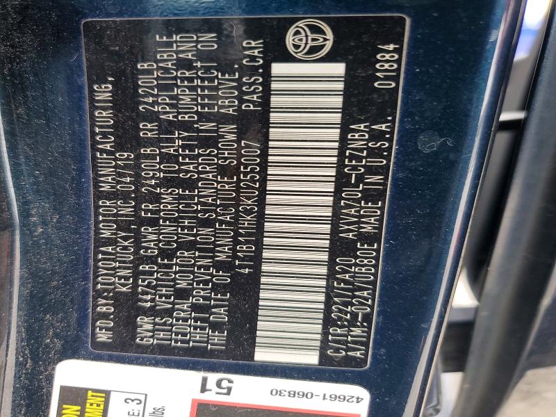 Продажа на аукционе авто 2019 Toyota Camry, vin: 4T1B11HK3KU255007, номер лота: 58802056