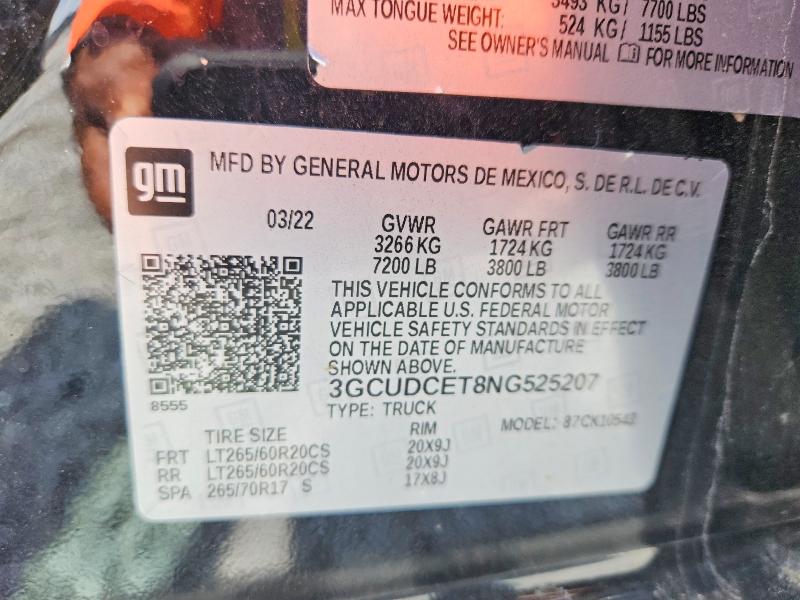 Aukcja sprzedaży 2022 Chevrolet Silverado, vin: 3GCUDCET8NG525207, numer aukcji: 57049336