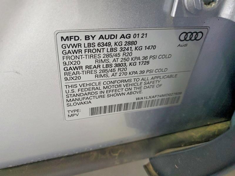 Продаж на аукціоні авто 2021 Audi Q7, vin: WA1LXAF74MD027939, номер лоту: 56400286