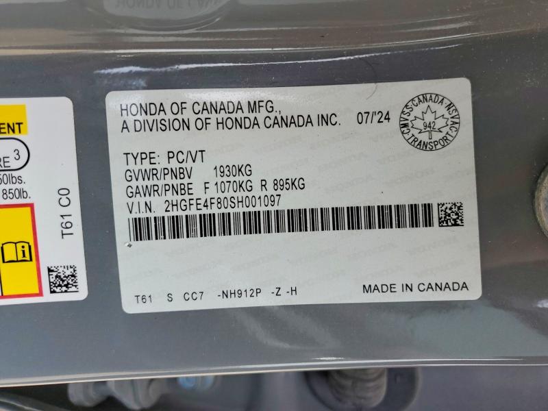 2025 Honda Civic მანქანა იყიდება აუქციონზე, vin: 2HGFE4F80SH001097, აუქციონის ნომერი: 57517946