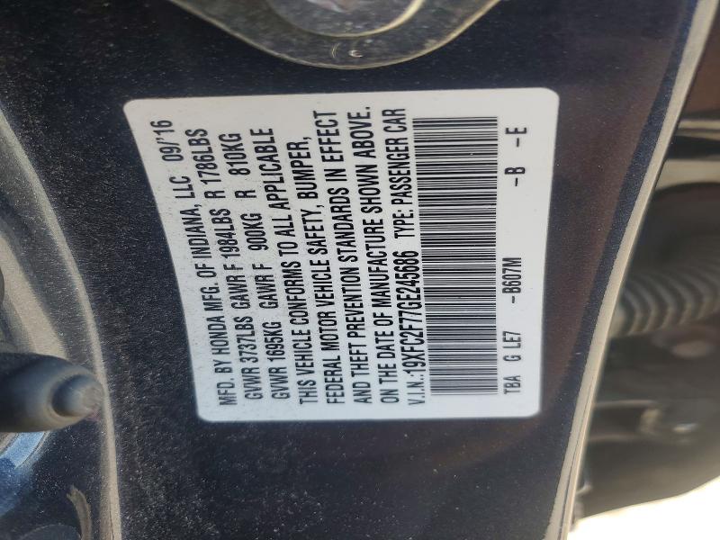 Продажа на аукционе авто 2016 Honda Civic, vin: 19XFC2F77GE245686, номер лота: 55848456