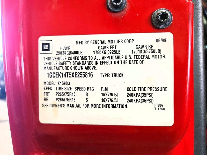 1999 Chevrolet Silverado მანქანა იყიდება აუქციონზე, vin: 1GCEK14T5XE255816, აუქციონის ნომერი: 56349806