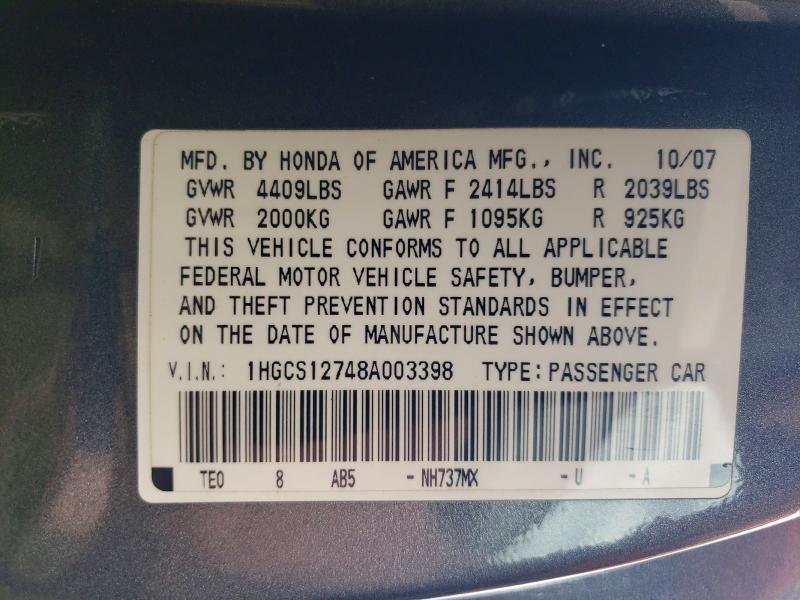 Aukcja sprzedaży 2008 Honda Accord, vin: 1HGCS12748A003398, numer aukcji: 57898396