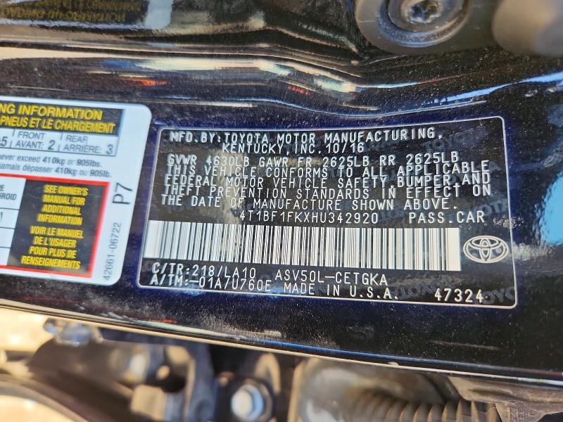 Продаж на аукціоні авто 2017 Toyota Camry, vin: 4T1BF1FKXHU342920, номер лоту: 57632696