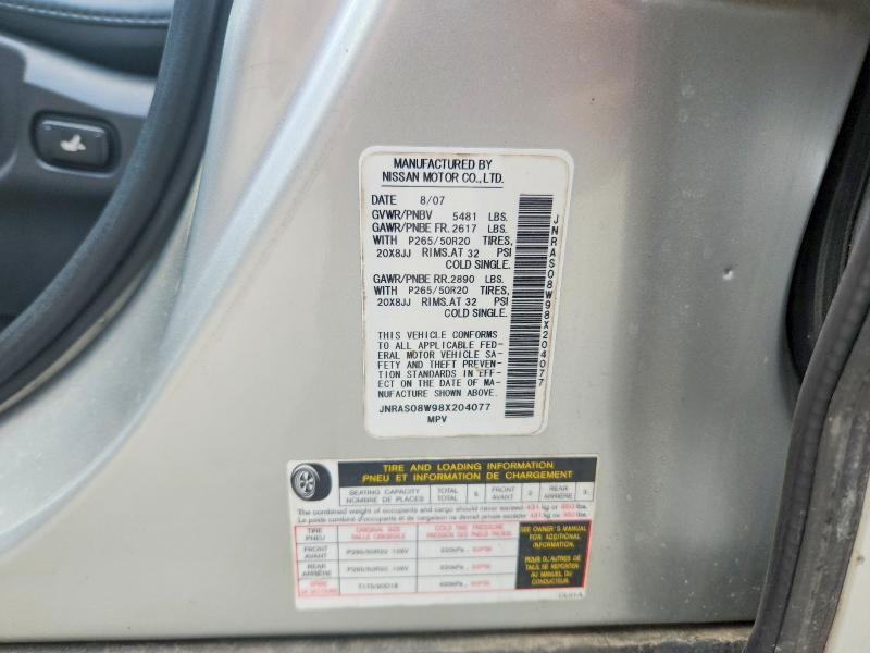 Aukcja sprzedaży 2008 Infiniti Fx35, vin: JNRAS08W98X204077, numer aukcji: 58305396