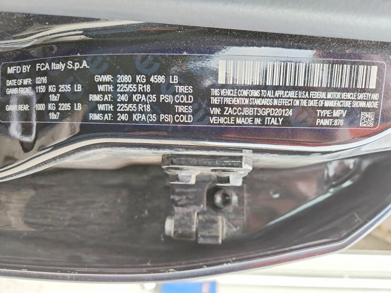 2016 Jeep Renegade მანქანა იყიდება აუქციონზე, vin: ZACCJBBT3GPD20124, აუქციონის ნომერი: 58329456