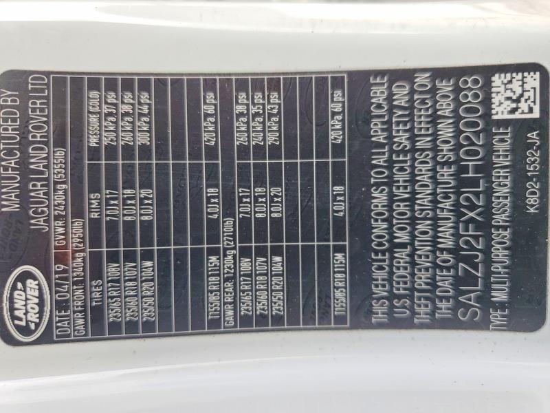Продаж на аукціоні авто 2020 Land Rover Range Rover Evoque, vin: SALZJ2FX2LH020088, номер лоту: 57265826