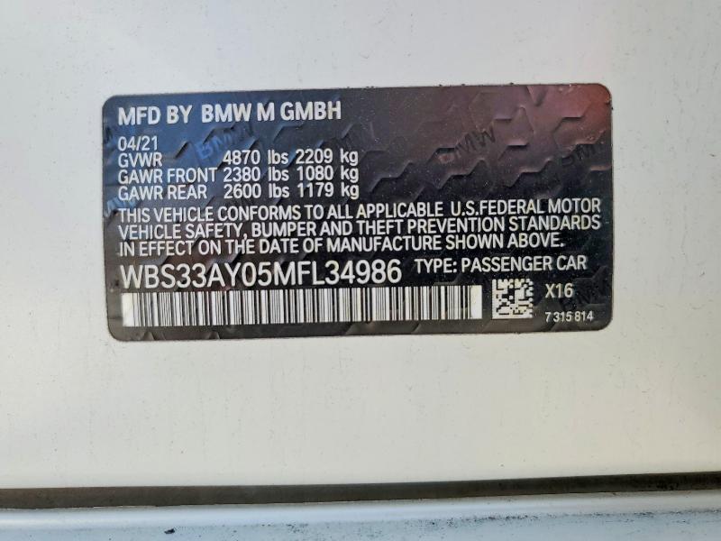 2021 Bmw M3 მანქანა იყიდება აუქციონზე, vin: WBS33AY05MFL34986, აუქციონის ნომერი: 57714956
