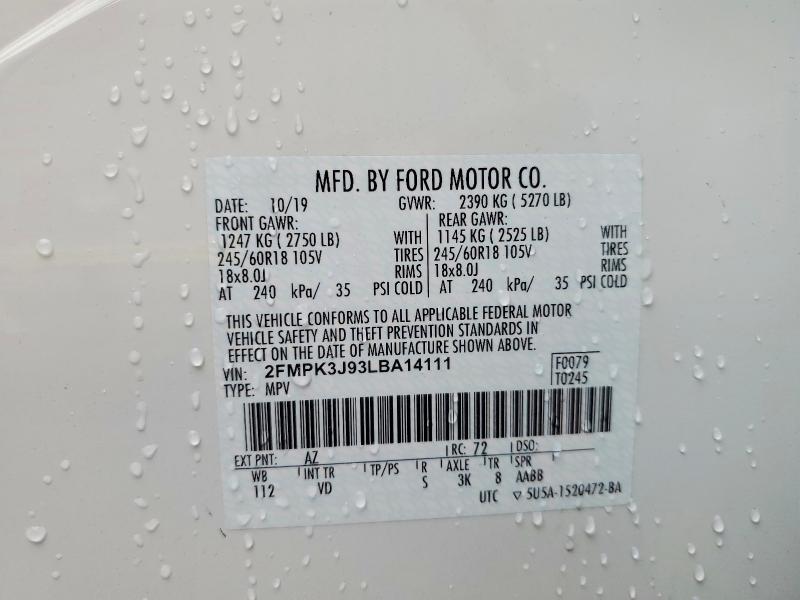 56830216 :رقم المزاد ، 2FMPK3J93LBA14111 vin ، 2020 Ford Edge مزاد بيع