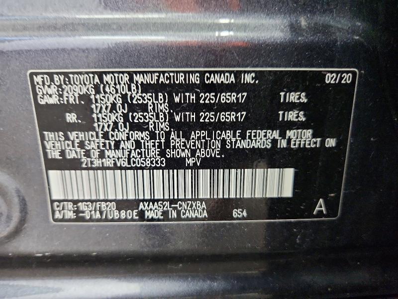 58077306 :رقم المزاد ، 2T3H1RFV6LC058333 vin ، 2020 Toyota Rav4 مزاد بيع