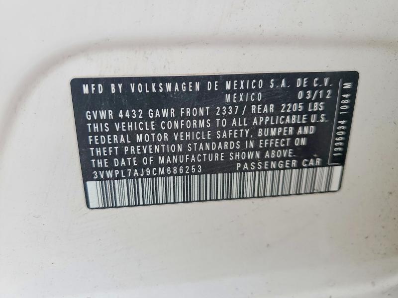 2012 Volkswagen Jetta მანქანა იყიდება აუქციონზე, vin: 3VWPL7AJ9CM686253, აუქციონის ნომერი: 58092946