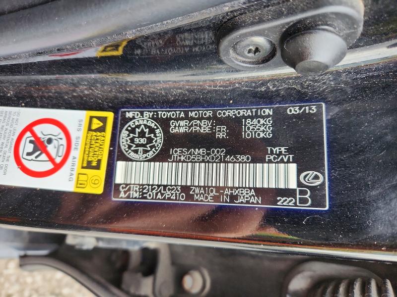 Aukcja sprzedaży 2013 Lexus Ct, vin: JTHKD5BHXD2146380, numer aukcji: 56855686