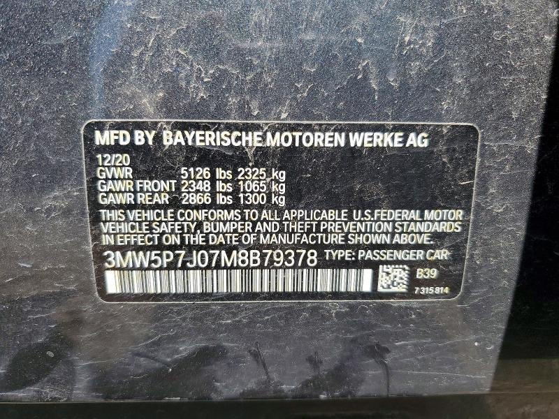 57244016 :رقم المزاد ، 3MW5P7J07M8B79378 vin ، 2021 Bmw 330e مزاد بيع
